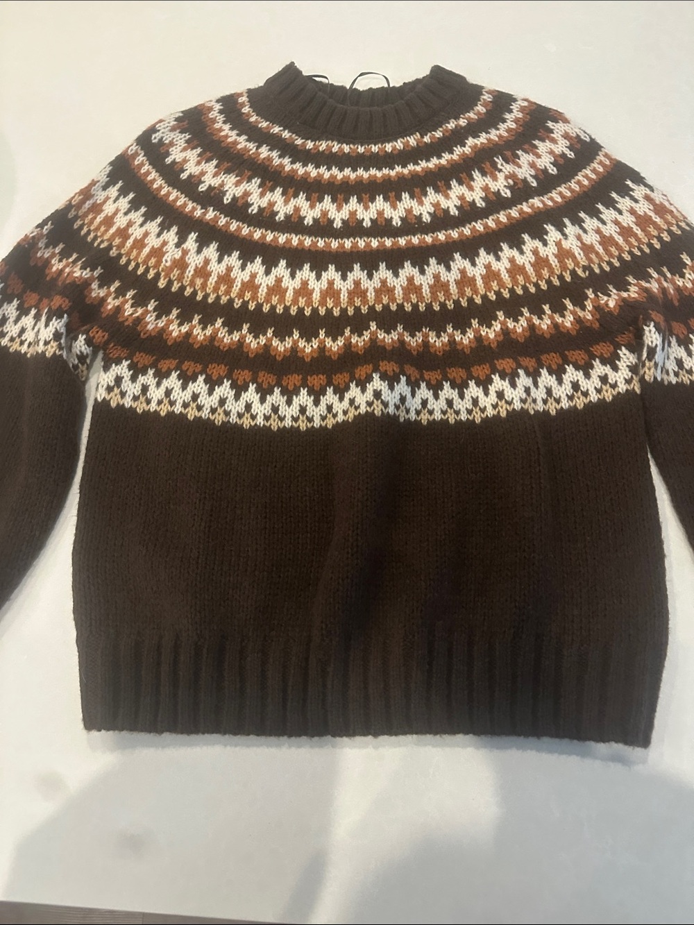 Love Tree women’s Brown Fair Isle Crewneck Sweater with White & Camel Accents
